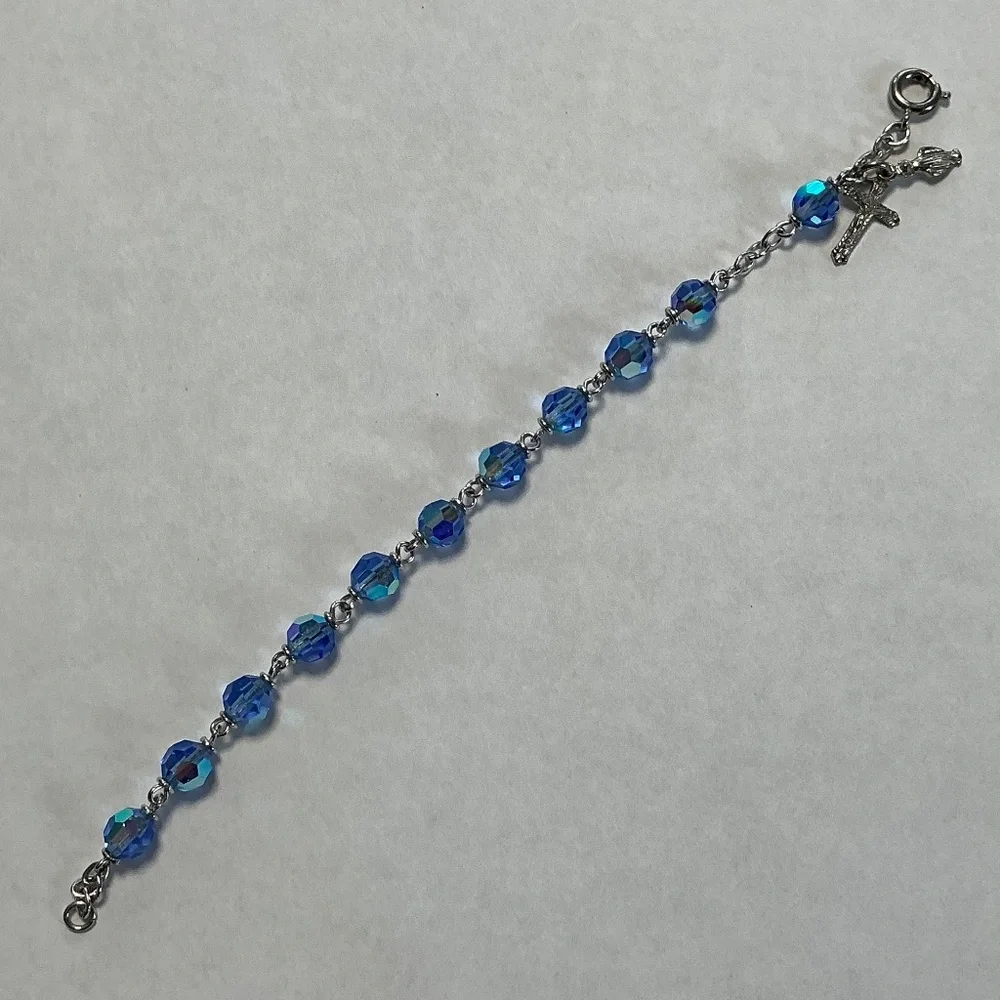Child’s Religious Bracelet Translucent Faceted Light Blue Beads Crucifix & Mary